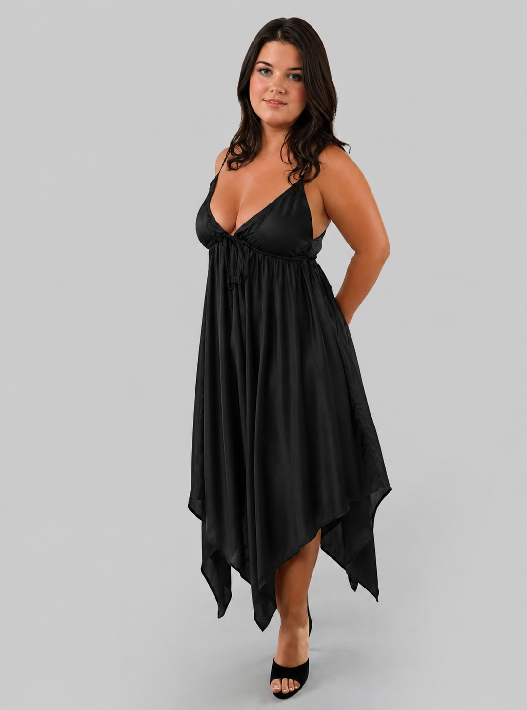 Gaia Butterfly Silk Dress in Black— flowing asymmetrical silk dress with adjustable straps and handkerchief hem