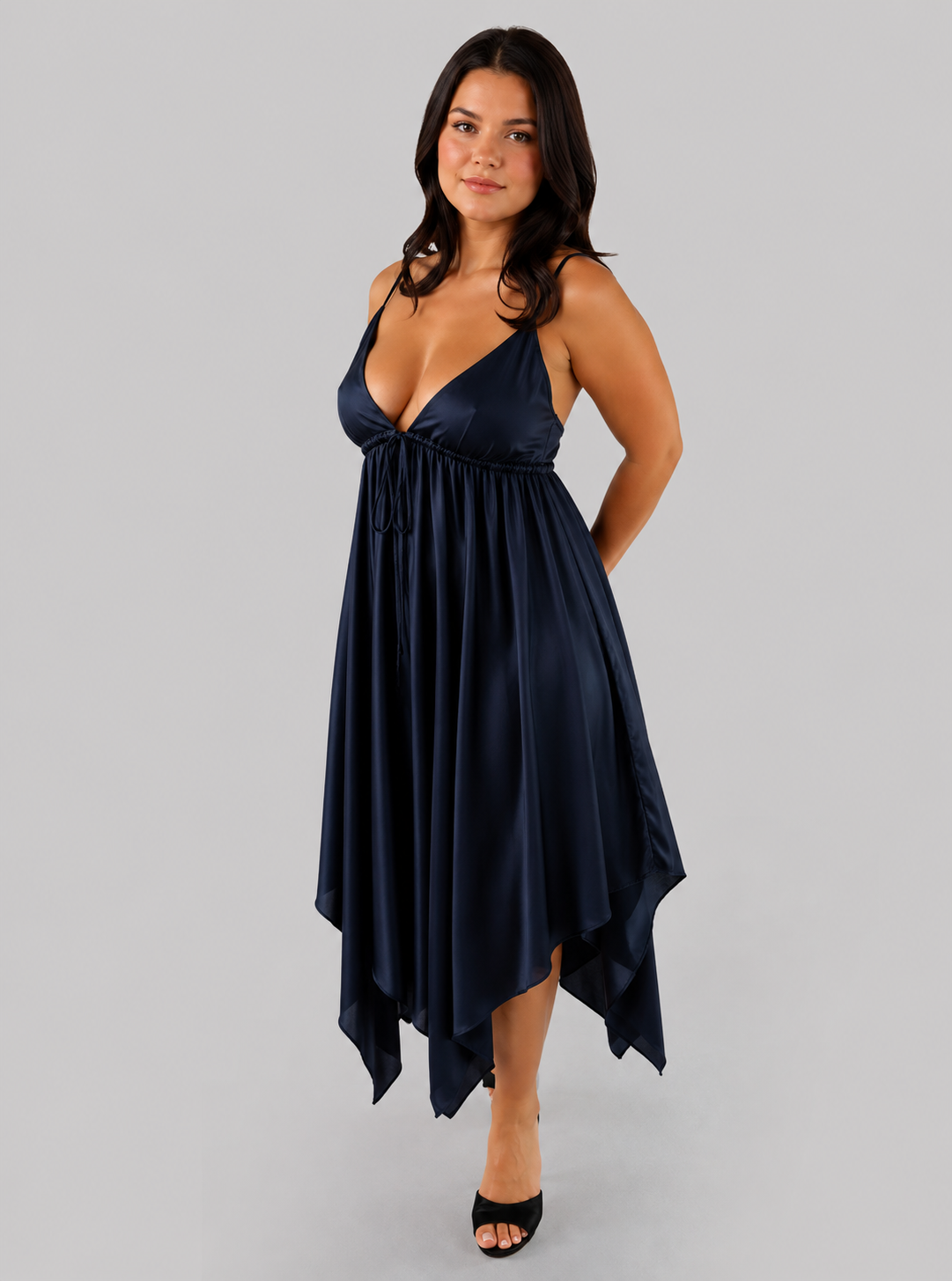 Gaia Butterfly Silk Dress in Midnight Navy — flowing asymmetrical silk dress with adjustable straps and handkerchief hem