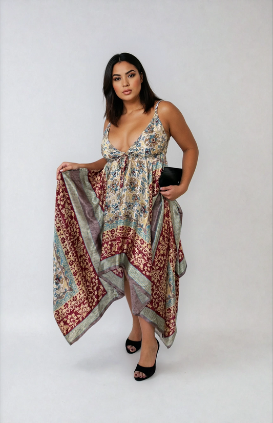 Gaia Butterfly Silk Dress in Antique Tapestry print featuring vintage paisley motifs, ornamental borders, and flowing handkerchief hem with adjustable straps