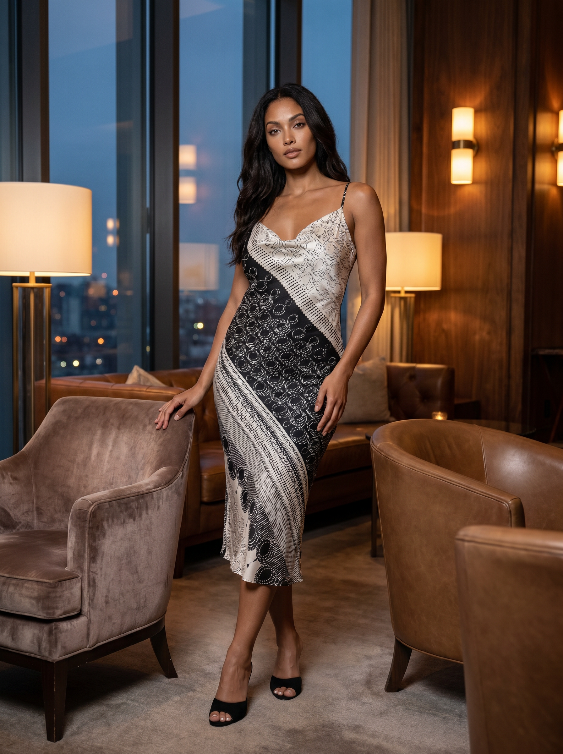CORA Silk Slip Dress in Ivory Eclipse. A refined bias-cut midi silhouette crafted in luminous silk charmeuse featuring an engineered black-and-ivory geometric print with sweeping diagonal panels, concentric circular motifs, and intricate border detailing. Styled in an elegant lounge setting, the softly draped cowl neckline, adjustable shoulder straps, and fluid silhouette highlight the natural movement of the silk.
