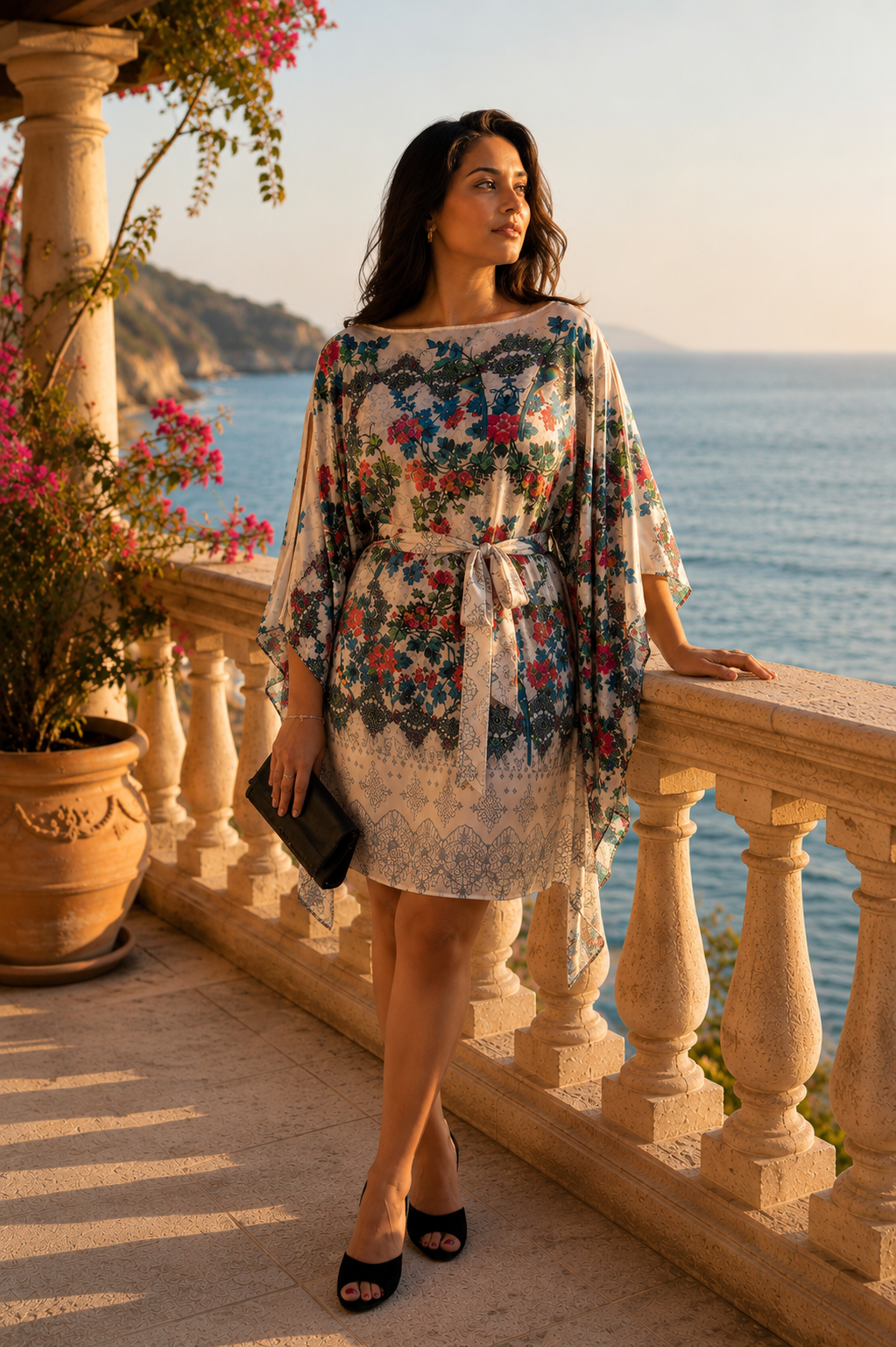 ZALA Silk Dress in Secret Garden. An elegant silk kaftan silhouette crafted in fluid silk charmeuse featuring a romantic botanical print of vibrant florals, delicate vines, and intricate ornamental motifs set against a soft ivory ground. Styled on a sunlit coastal terrace overlooking the sea, the graceful boat neckline, flowing draped sleeves, adjustable waist tie, and asymmetrical handkerchief hem create effortless movement and timeless sophistication.